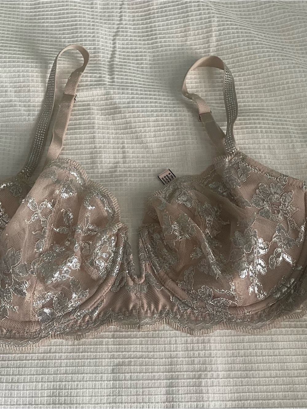 Victoria's Secret Nude Pink rhinestone sheer Lace Bra with Silver accents
